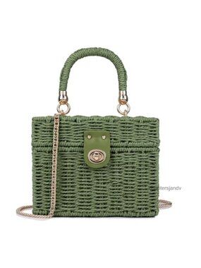 Handwoven Rattan Straw Crossbody Bag Wicker Satchel Chain Strap